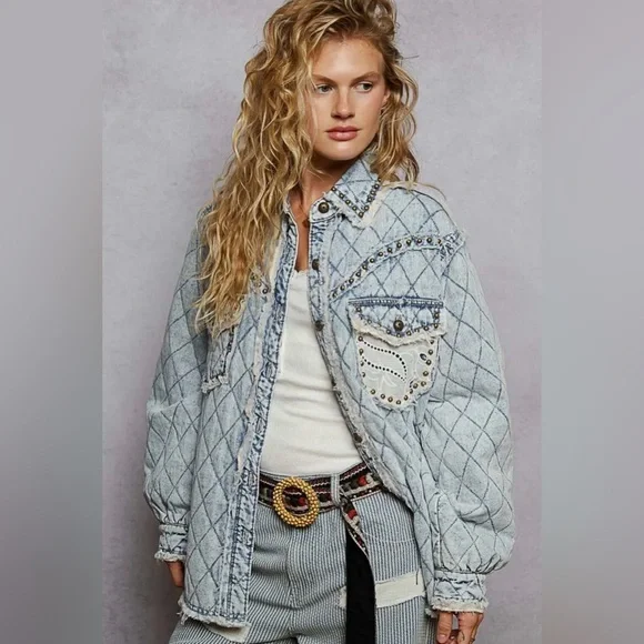 NEW Pol “Rochester” Dust & Denim Quilted Lace Panel Shacket / Jacket Stud Detail - Picture 4 of 7